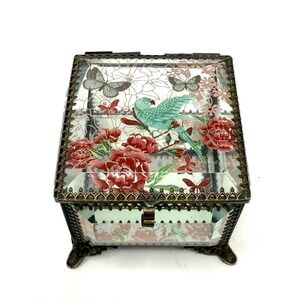 Vintage Nicole Miller Gold Ormolu Filigree Beveled‎ Glass Footed Trinket Casket